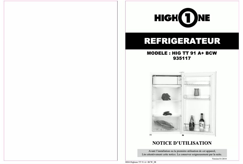Page 1 de la notice Manuel utilisateur High One HIG TT91A+ BCW