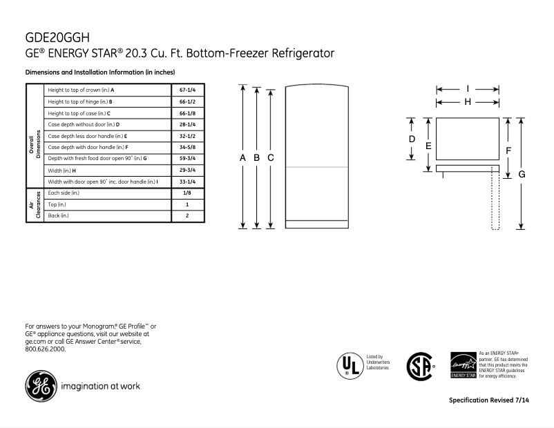 Page 1 de la notice Fiche technique GE GDE20GGHWW
