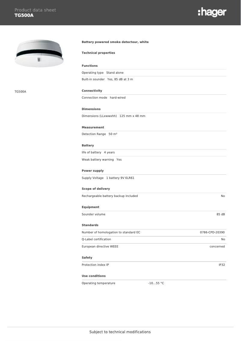 Page 1 de la notice Fiche technique Hager TG500A