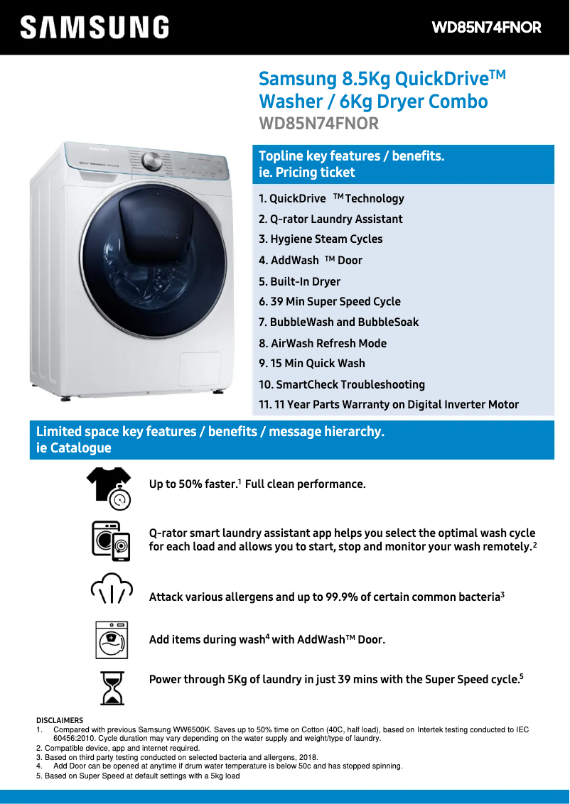 Page 1 de la notice Fiche technique Samsung WD85N74FNOR