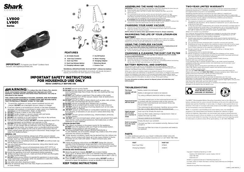 Page 1 de la notice Manuel utilisateur Shark Pet Perfect LV801