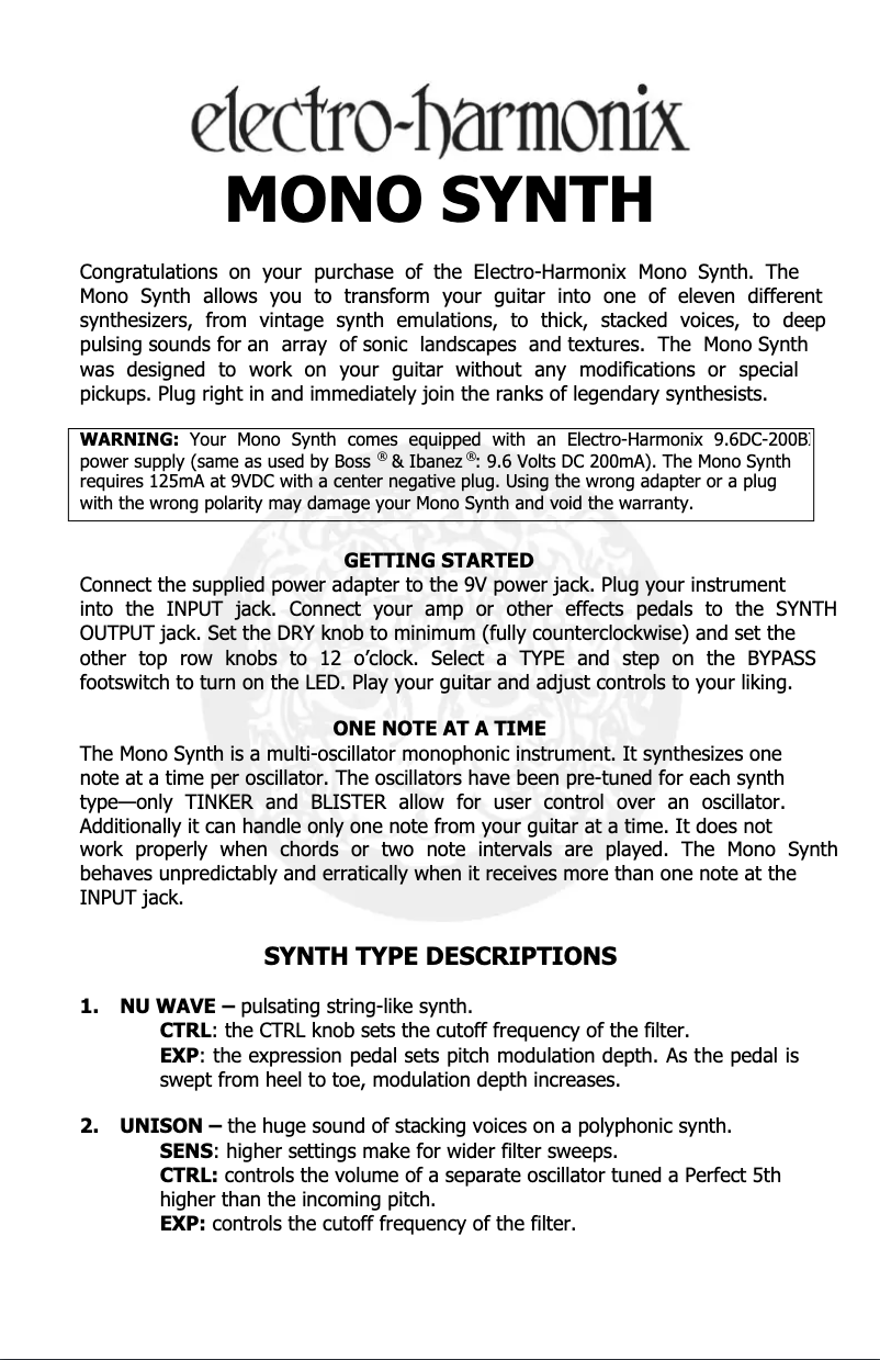 Page n°1 - Manuel utilisateur Electro Harmonix Mono Synth