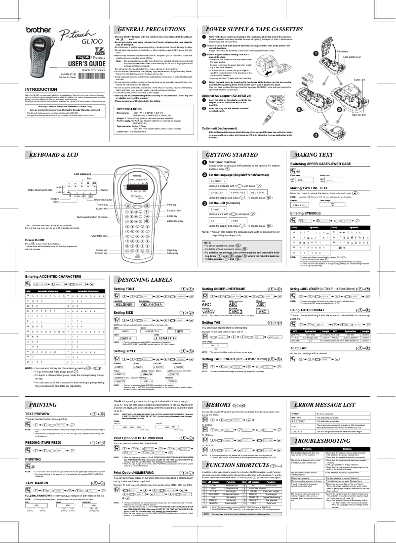 Image de la première page du manuel de l'appareil P-Touch GL100