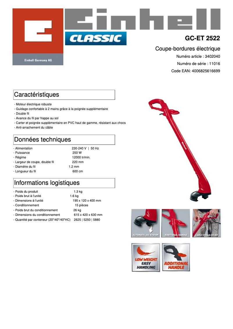 Page n°1 - Fiche technique Einhell GC-ET 2522