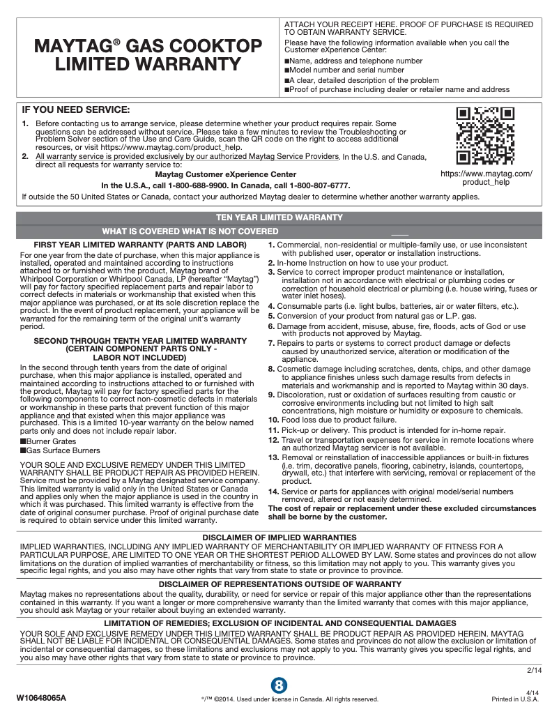 Page n°1 - Informations de garantie Maytag MGC9536DS