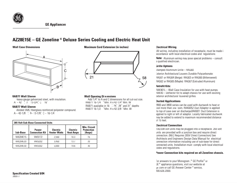 Page 1 de la notice Fiche technique GE AZ28E15EAC