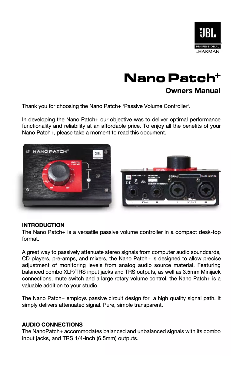 Page 1 de la notice Manuel utilisateur JBL Nano Patch+