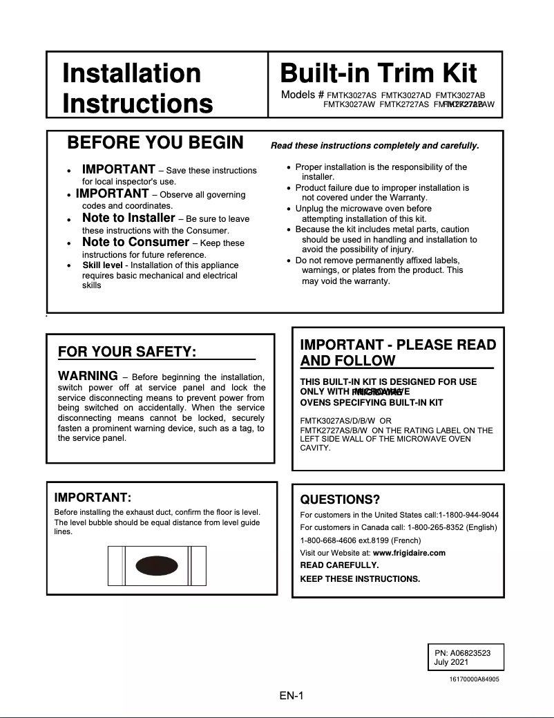 Page 1 de la notice Guide d'installation Frigidaire FMBS2227AB