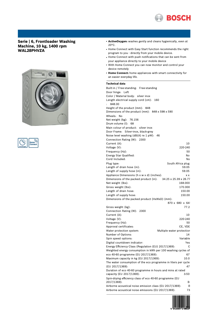 Page n°1 - Fiche technique Bosch WAL28PHVZA