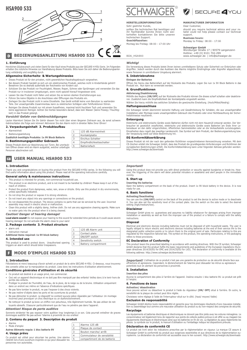 Page 1 de la notice Manuel utilisateur Schwaiger HSA900 533