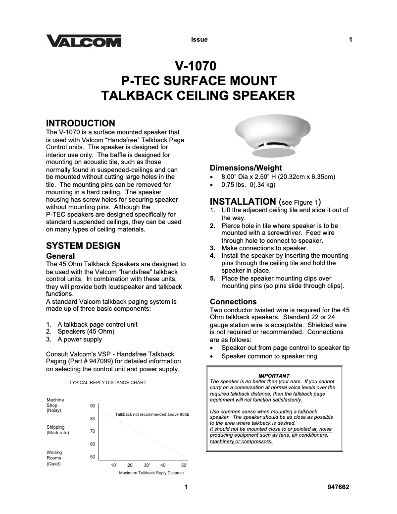 Page 1 de la notice Manuel utilisateur Valcom V-1070