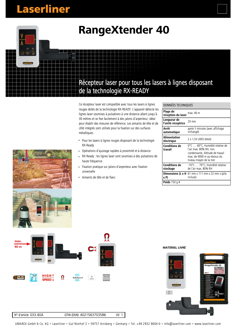 Page 1 de la notice Fiche technique Laserliner RangeXtender 40