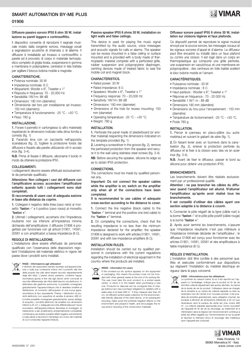 Page 1 de la notice Manuel utilisateur Vimar 01906