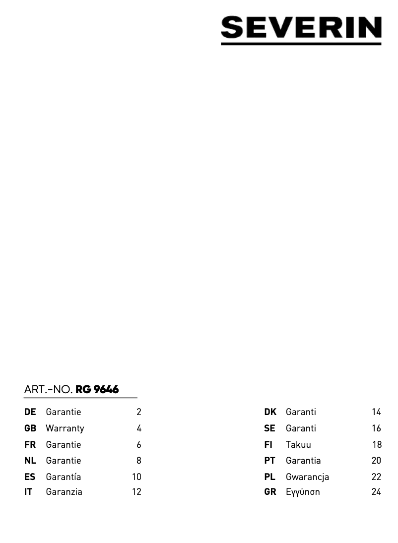 Page n°1 - Informations de garantie Severin RG 9646