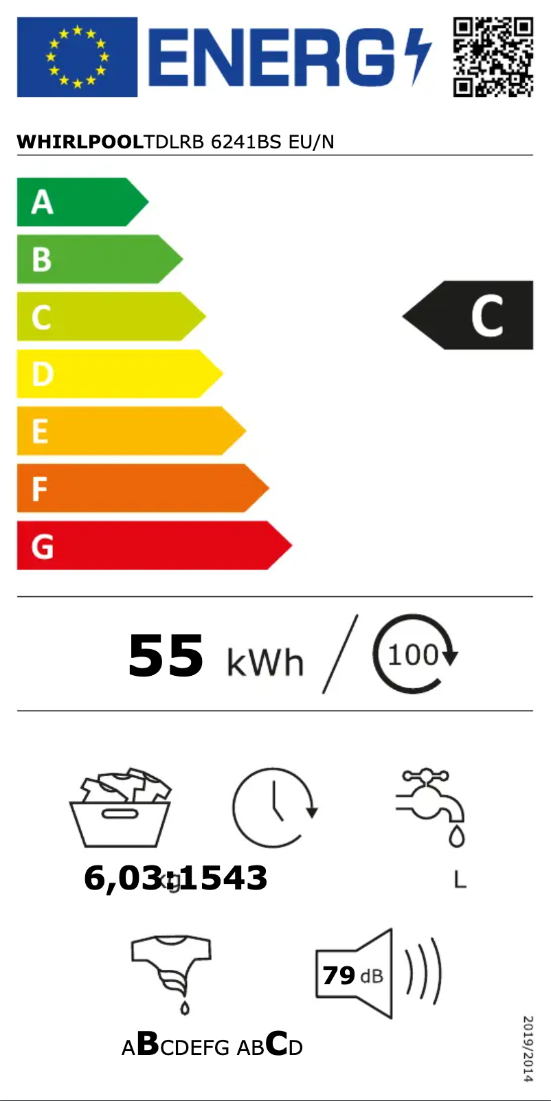 Page 1 de la notice Label énergétique Whirlpool TDLRB 6241BS EU/N