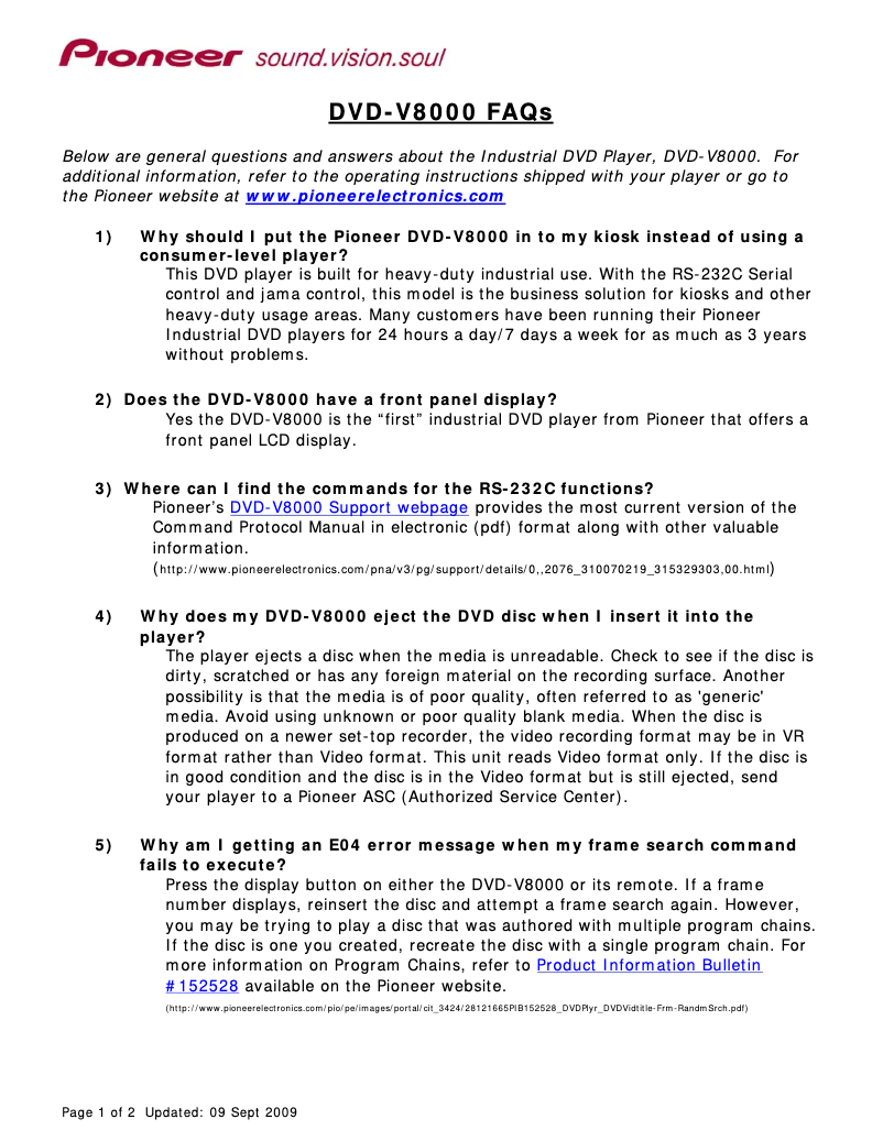 Page n°1 - FAQ Pioneer DVD-V8000