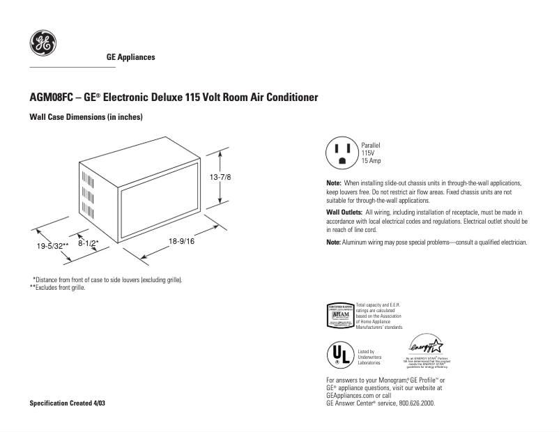 Page n°1 - Fiche technique GE AGM08FC