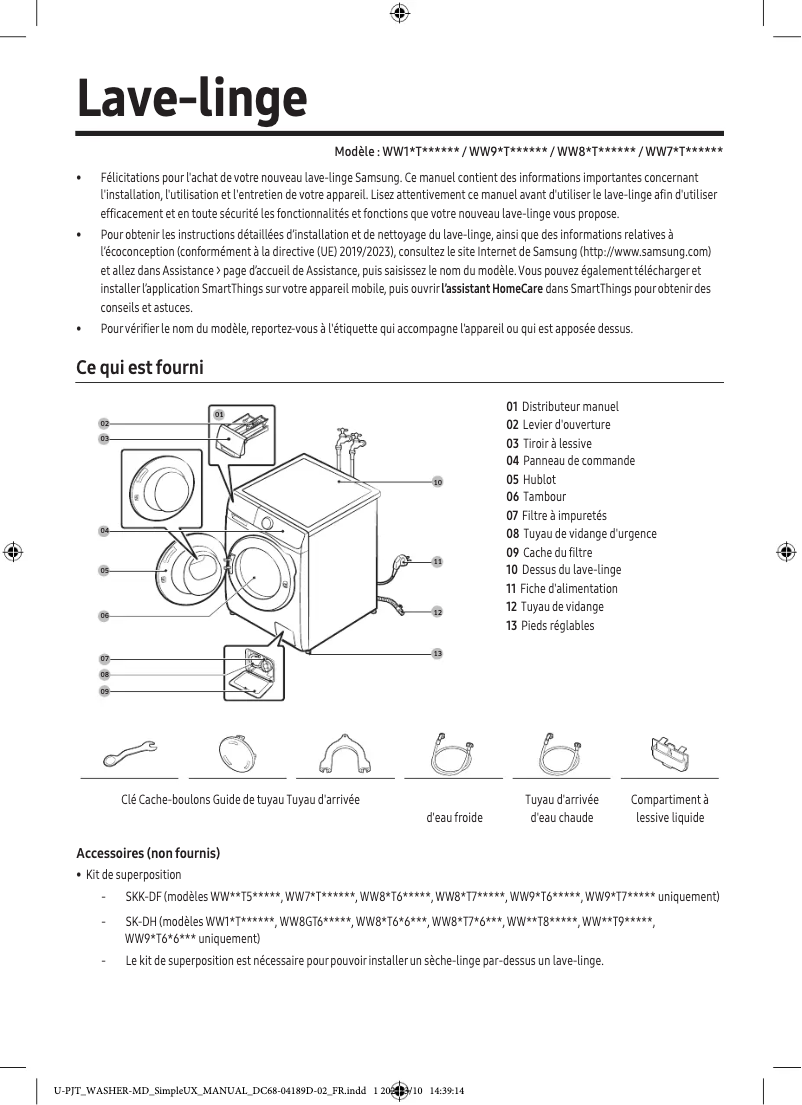Page 1 de la notice Manuel utilisateur Samsung WW10T504DTW