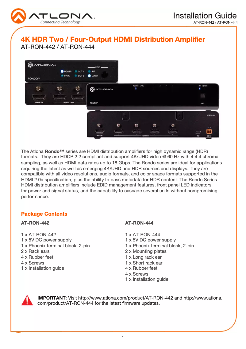 Page n°1 - Manuel utilisateur Atlona AT-RON-442