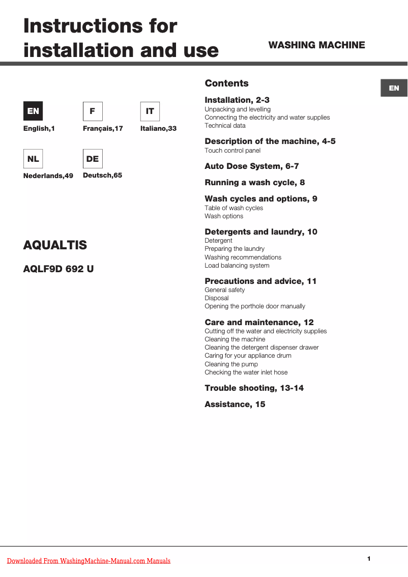 Página 1 del manual Manual de usuario Ariston Thermo Aqualtis AQLF9D 692 U