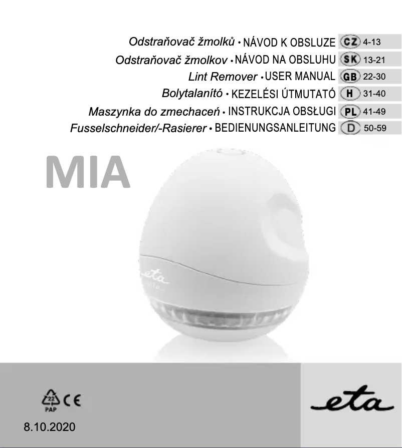Page n°1 - Manuel utilisateur Eta Mia 2260 90000