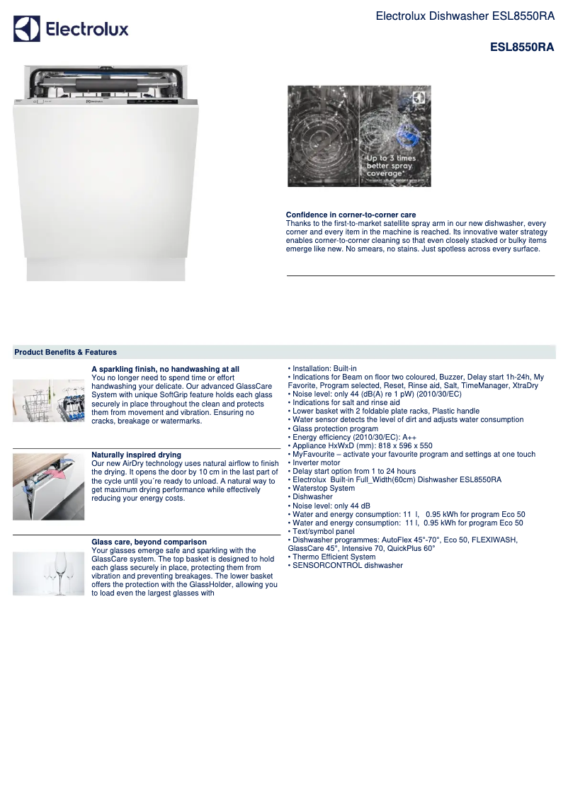 Page 1 de la notice Fiche technique Electrolux ESL8550RA