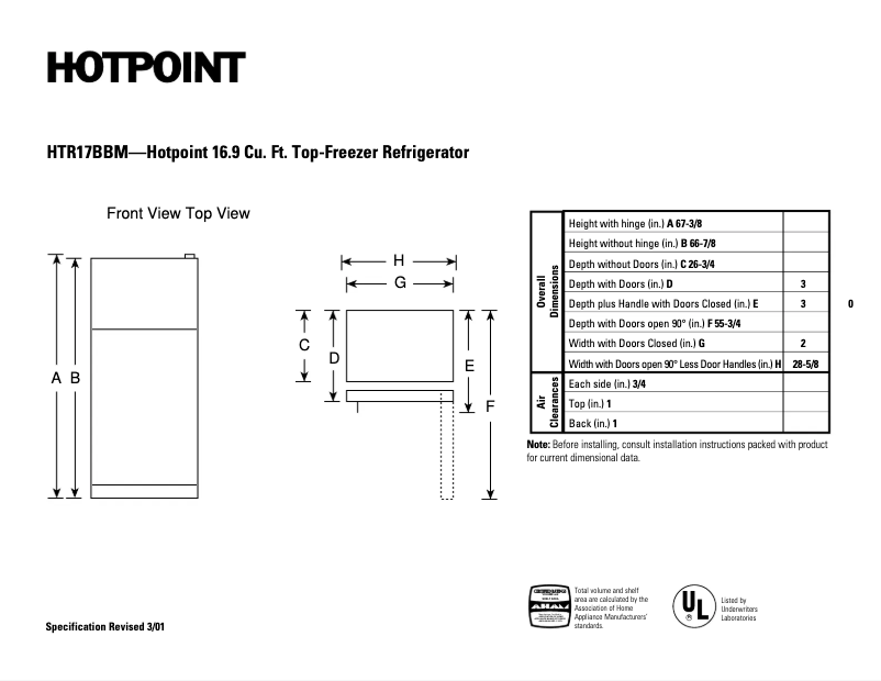 Page 1 de la notice Fiche technique Hotpoint HTR17BBMRWW