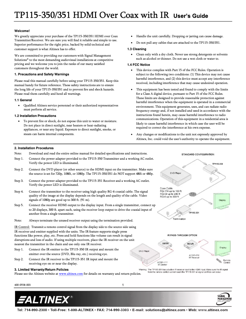 Page n°1 - Manuel utilisateur Altinex TP115-350
