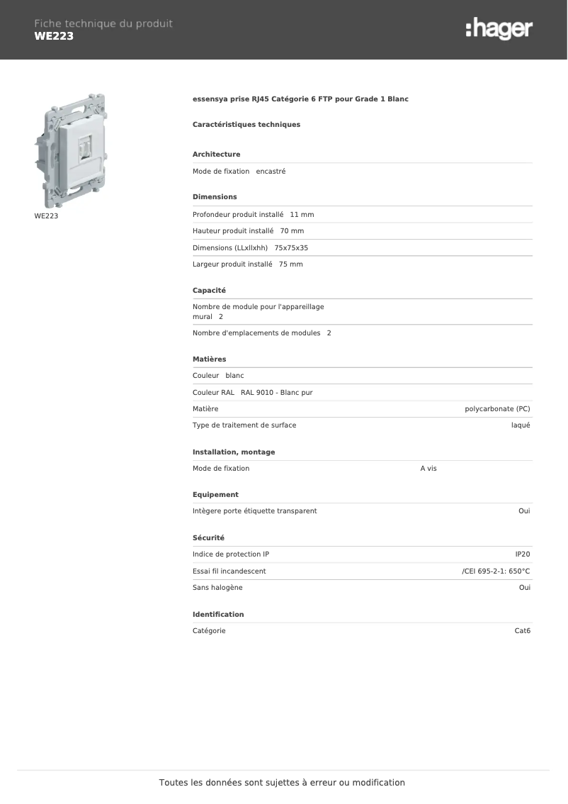 Page 1 de la notice Fiche technique Hager WE223