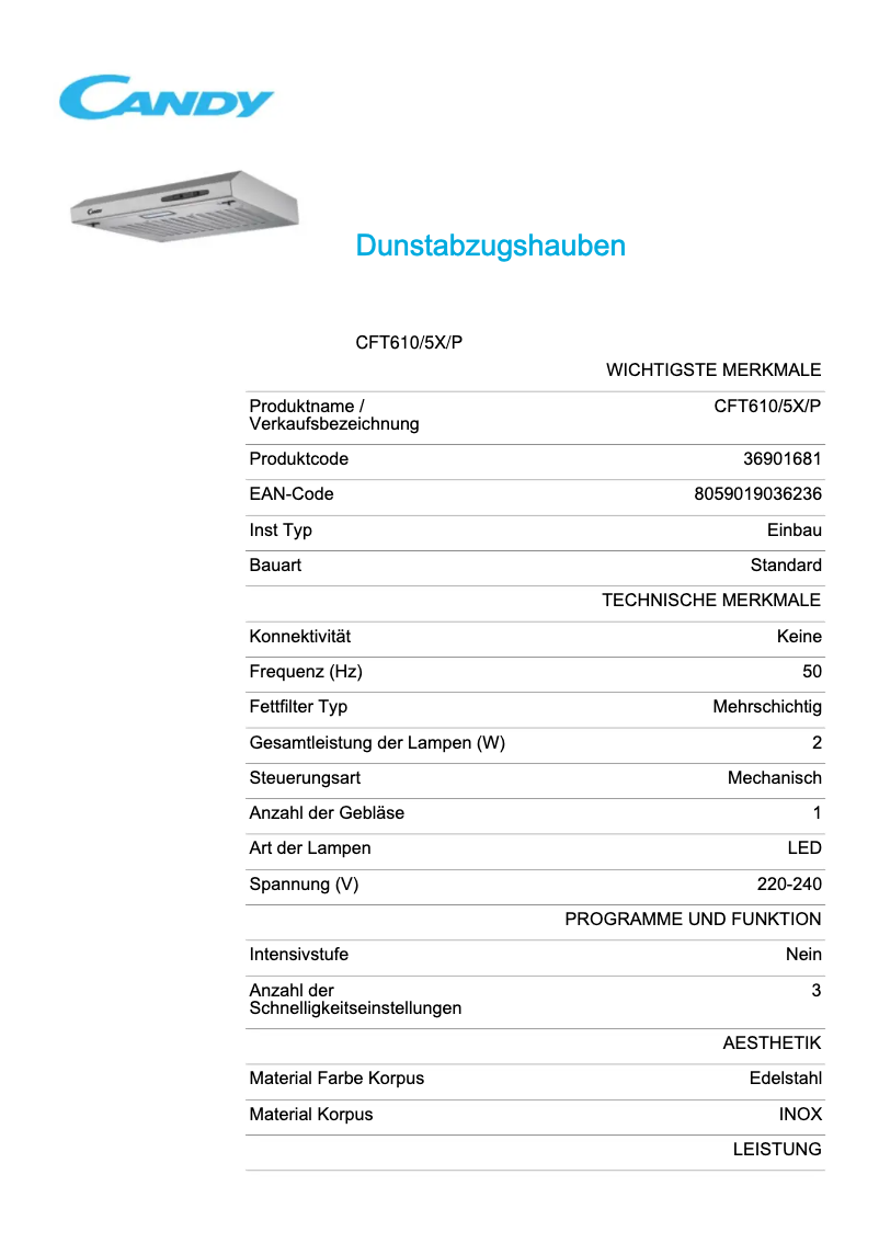 Page 1 of the manual Technical Sheet Candy CFT610/5X/P