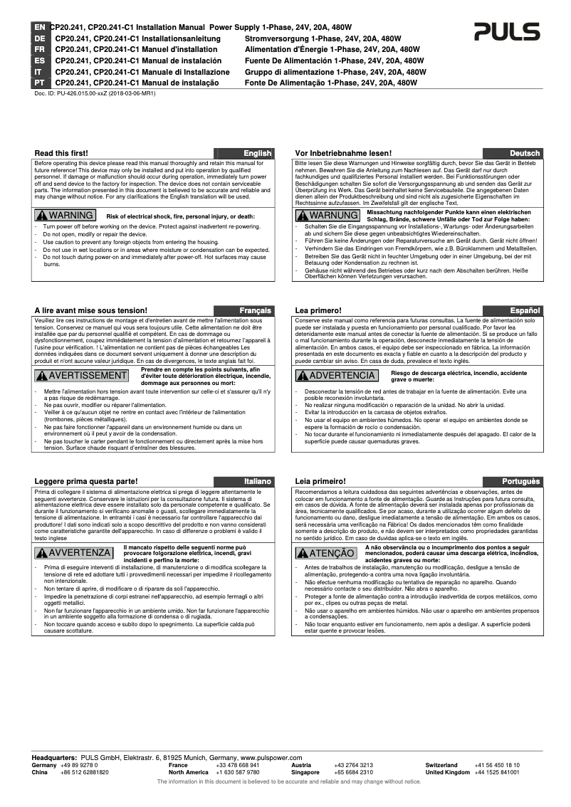 Page n°1 - Manuel utilisateur Puls Dimension CP20.241