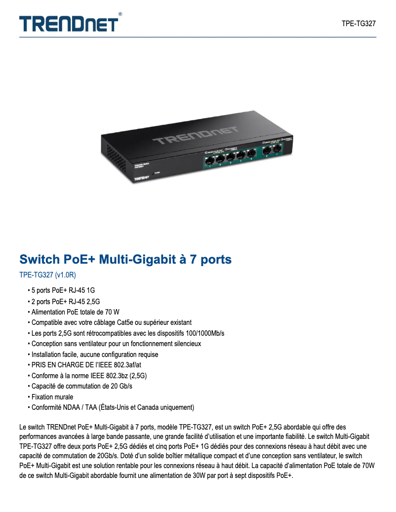 Page 1 de la notice Fiche technique TRENDnet TPE-TG327