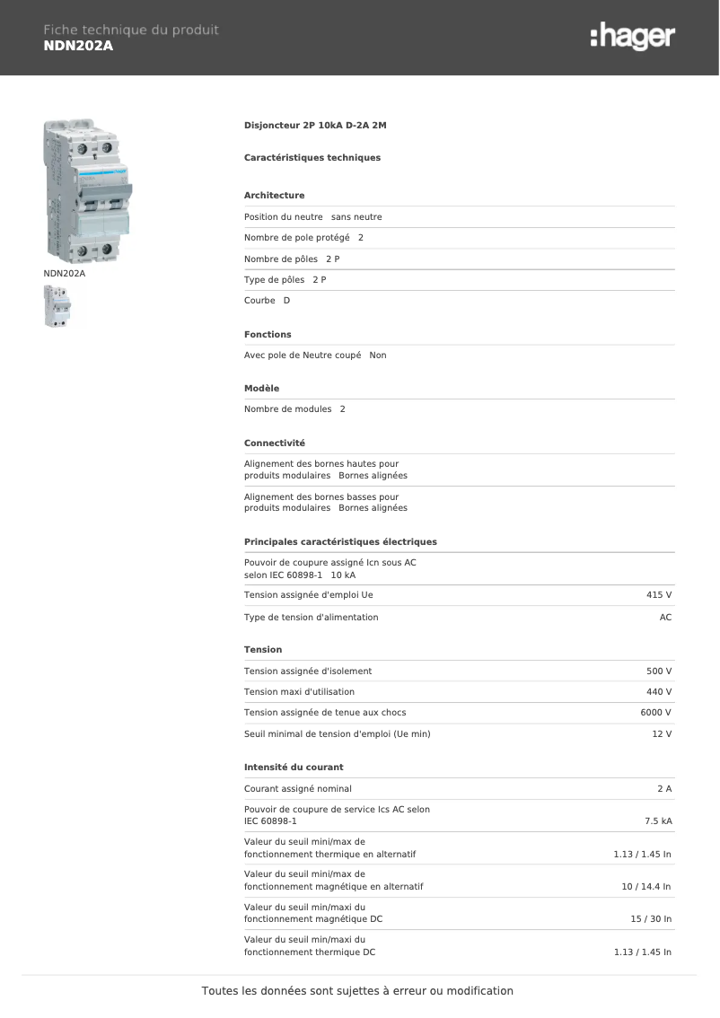 Page n°1 - Manuel utilisateur Hager NDN202A