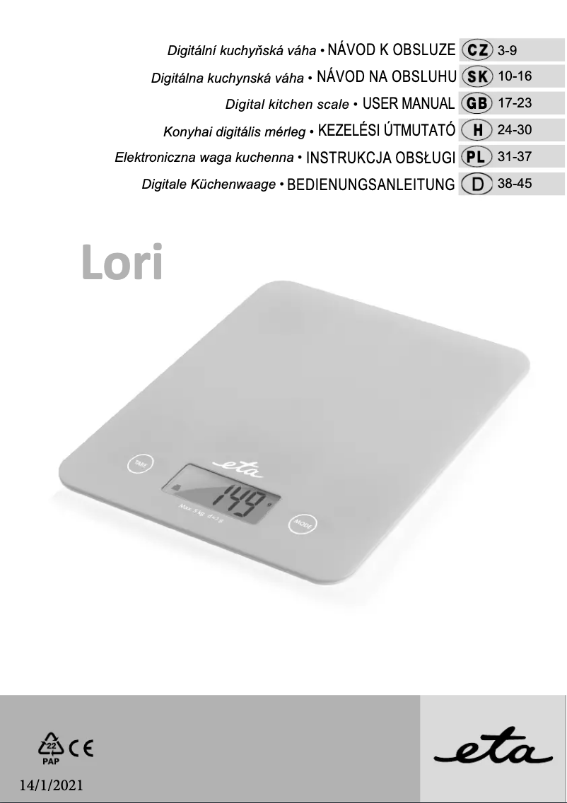 Page 1 de la notice Manuel utilisateur Eta Lori 2777