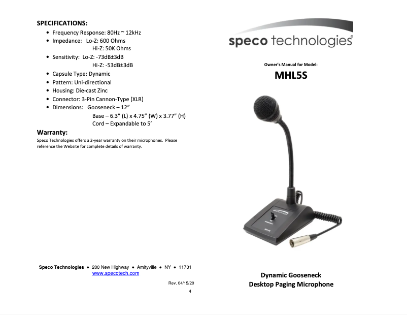Page 1 de la notice Manuel utilisateur Speco Technologies MHL5S