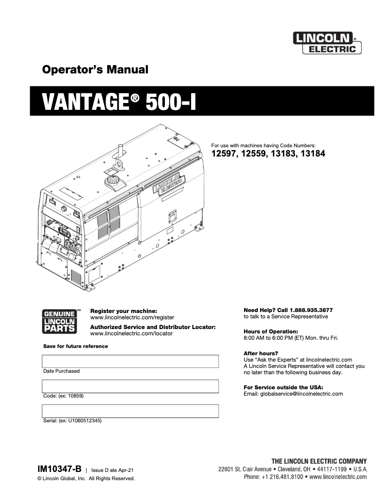 Página 1 del manual Manual de usuario Lincoln Electric Vantage 500-I