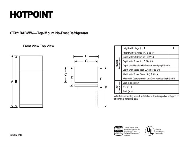 Página 1 del manual Ficha técnica Hotpoint CTX21BABWW