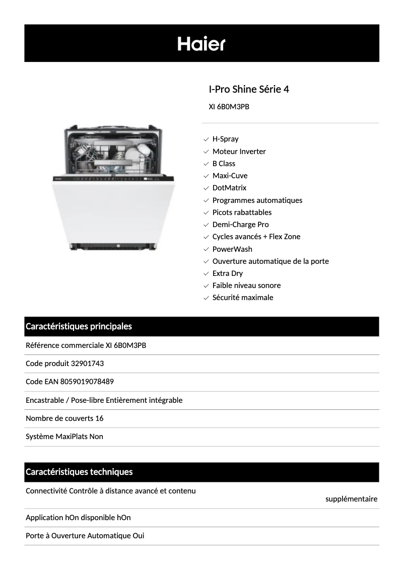 Page 1 de la notice Fiche technique Haier XI 6B0M3PB