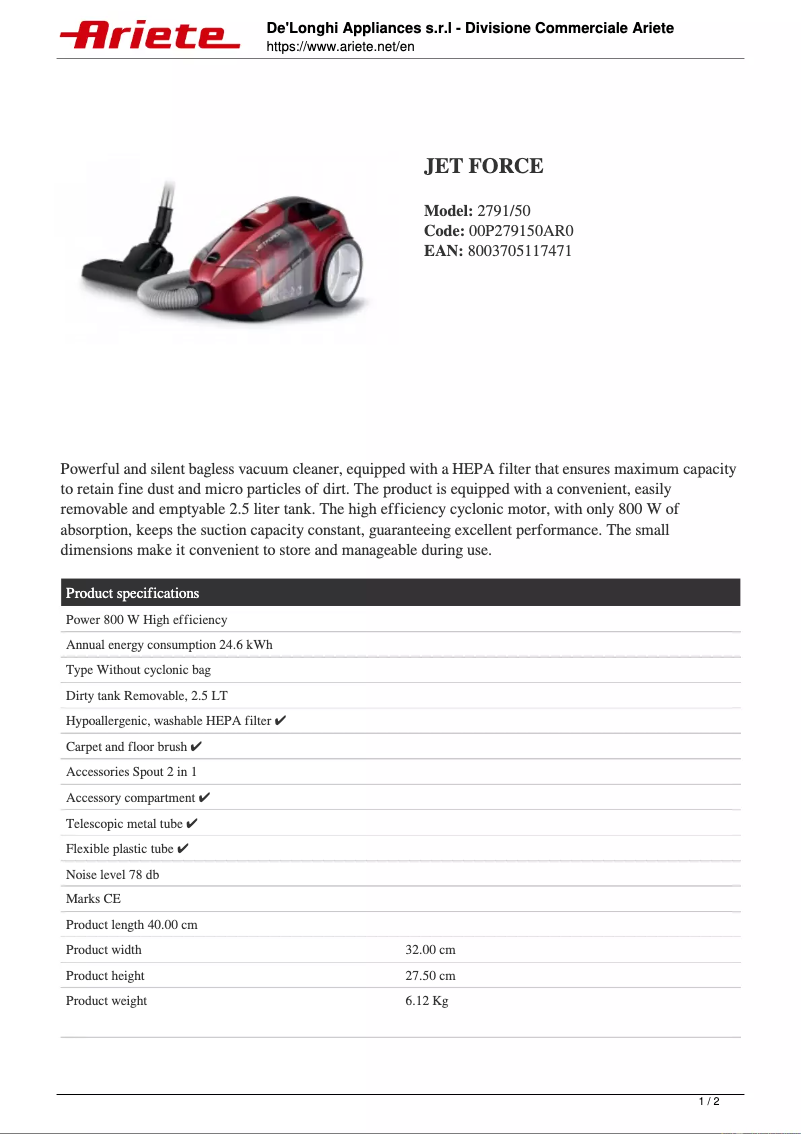 Page 1 de la notice Fiche technique Ariete Jet Force 2791