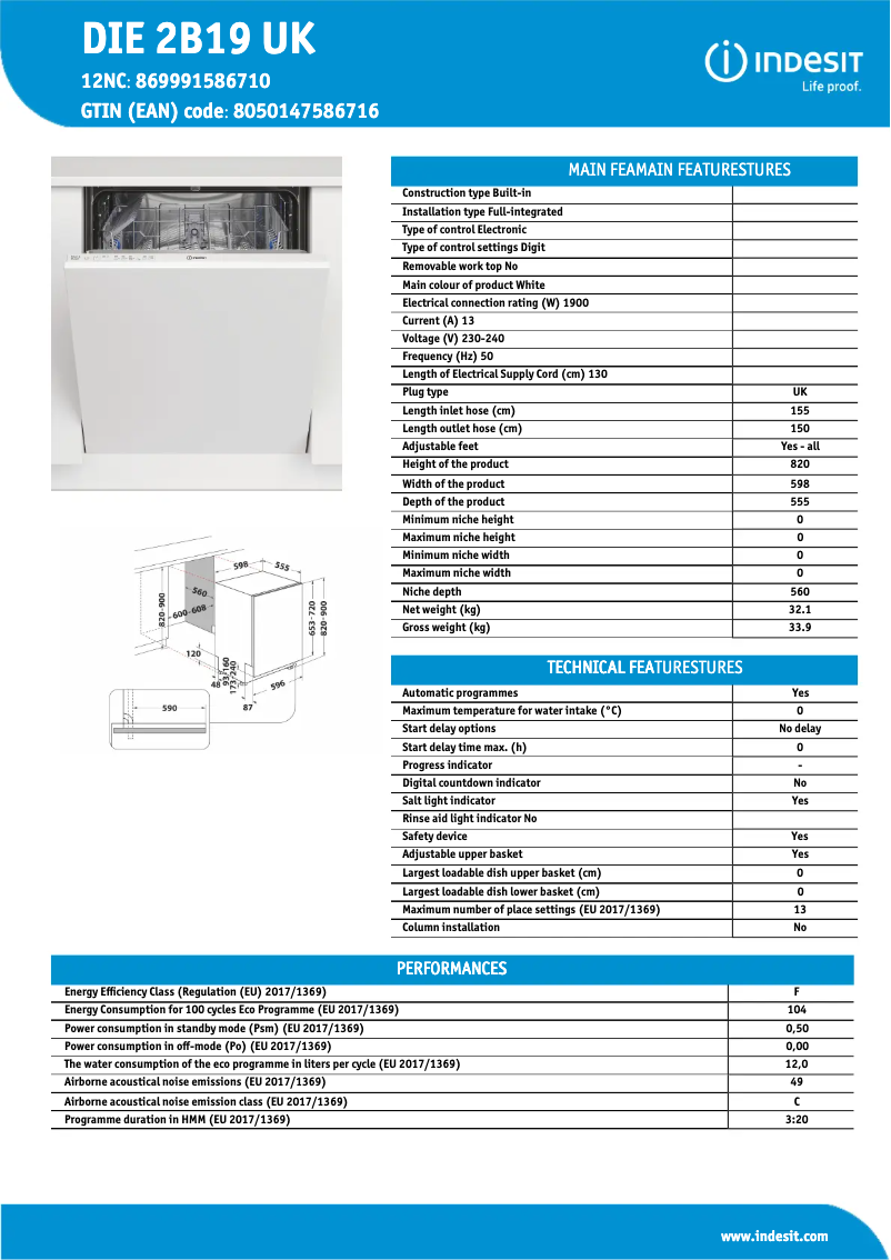 Page n°1 - Fiche technique Indesit DIE 2B19 UK