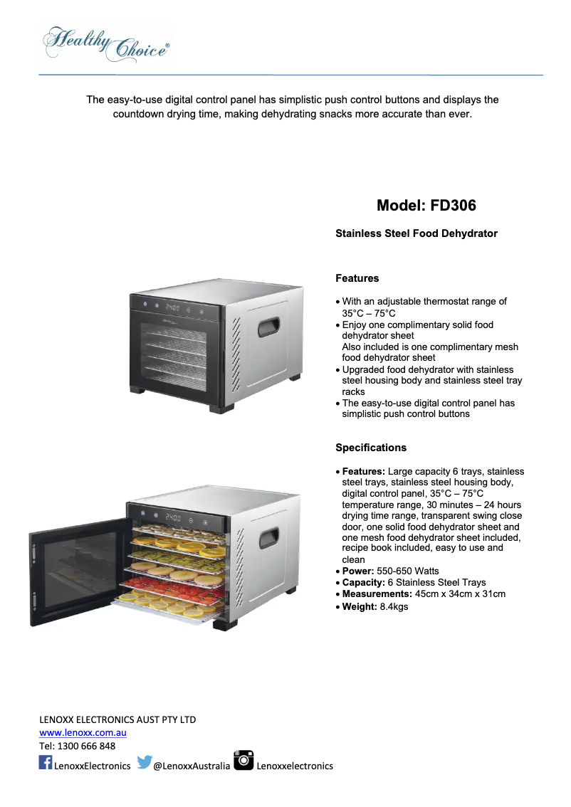 Page 1 de la notice Manuel utilisateur Healthy Choice FD306
