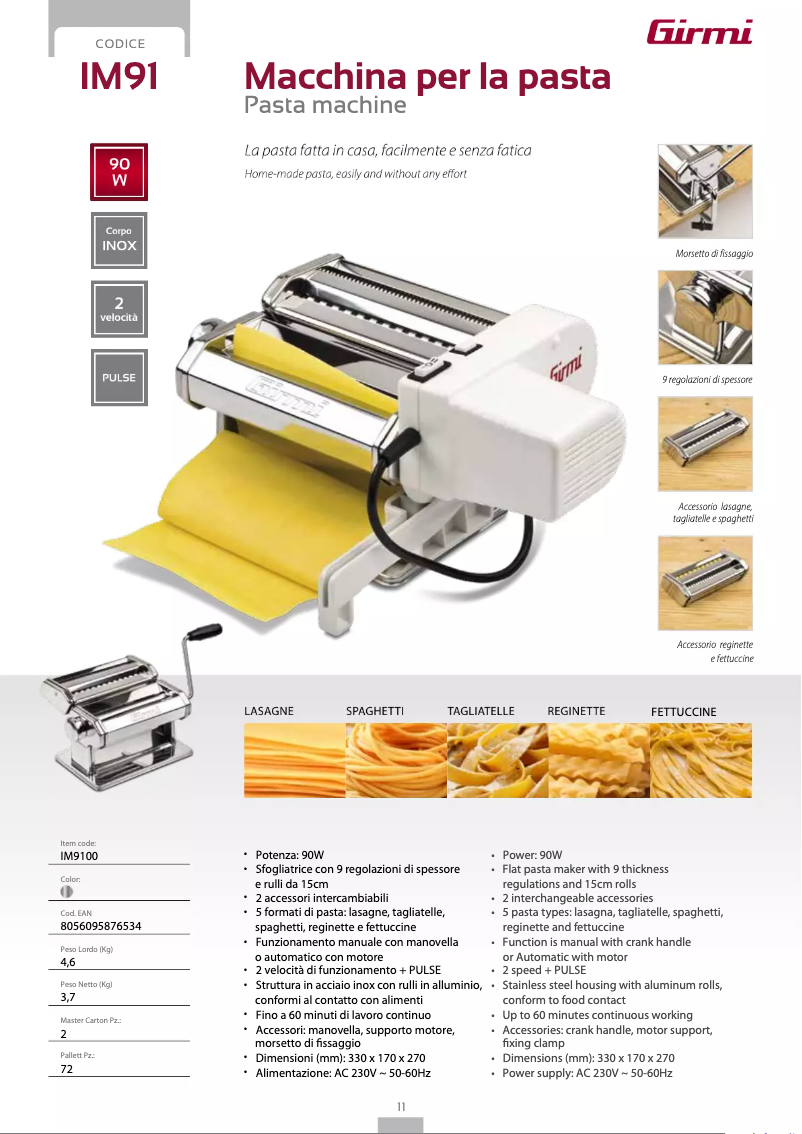 Page 1 de la notice Fiche technique Girmi IM91
