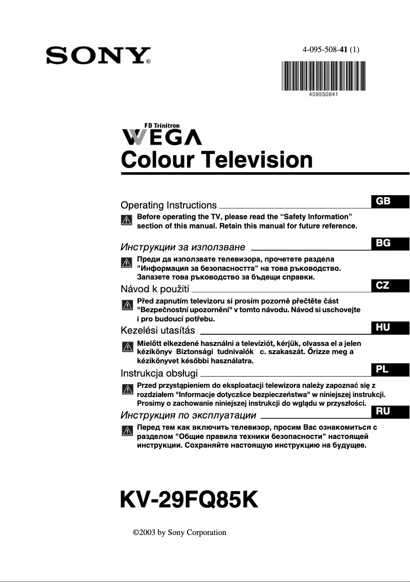 Page 1 de la notice Manuel utilisateur Sony KV-29FQ85K