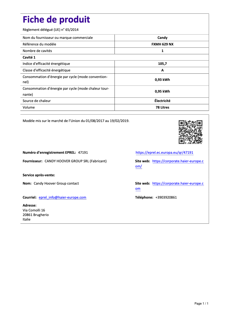Page n°1 - Manuel utilisateur Candy FXMH 629 NX