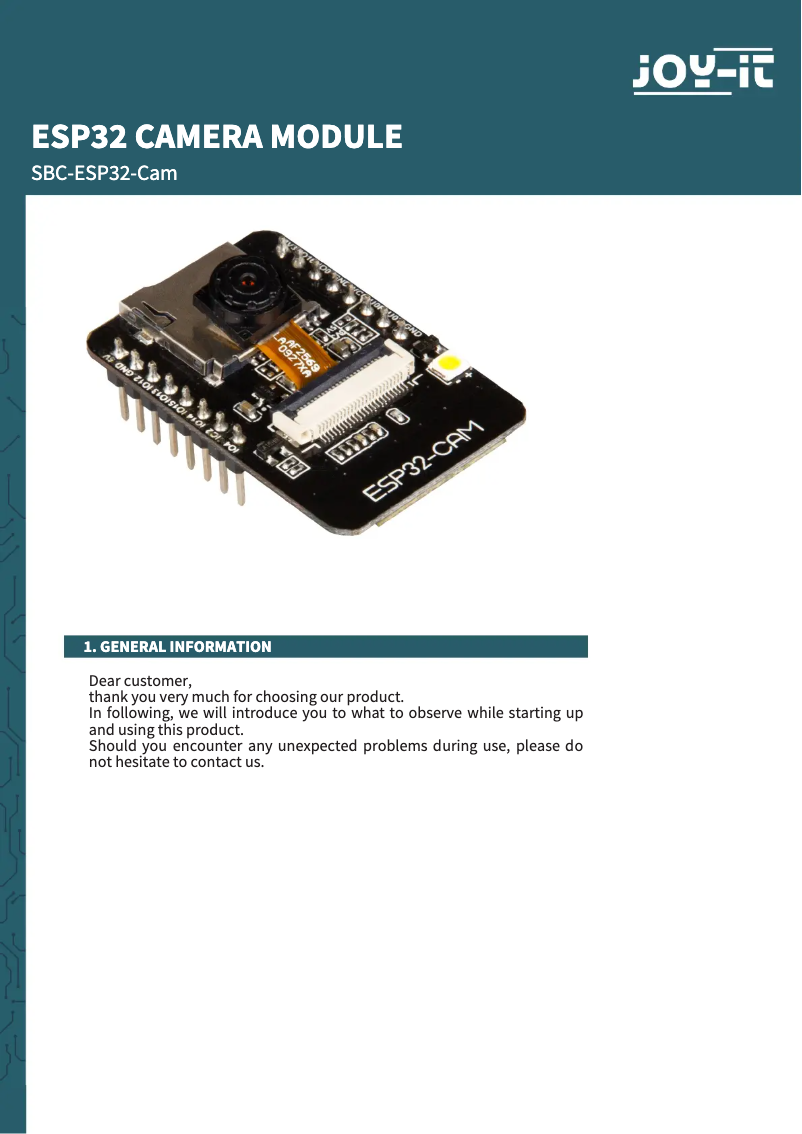 Image de la première page du manuel de l'appareil SBC-ESP32-Cam