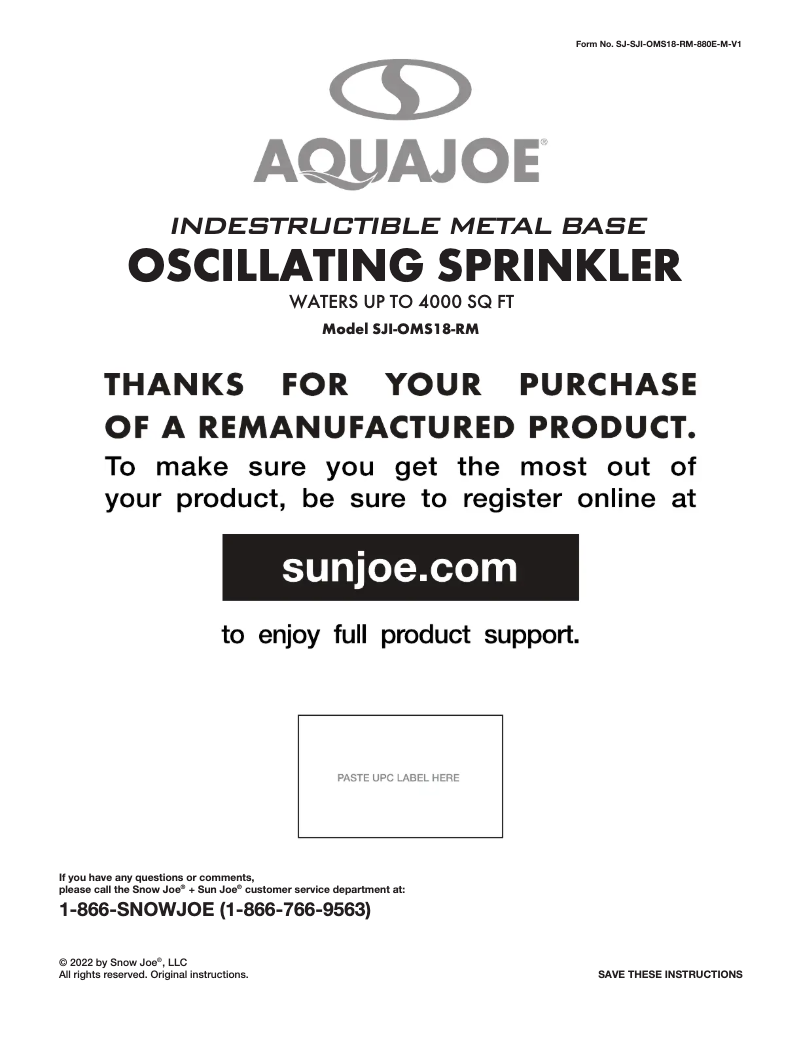 Page 1 de la notice Manuel utilisateur Aqua Joe SJI-OMS18-RM