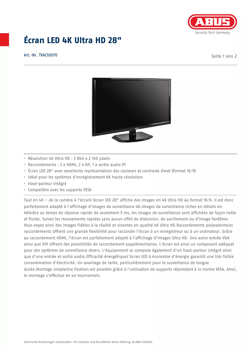 Page 1 de la notice Fiche technique Abus TVAC10070