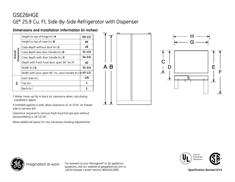Page n°1 - Fiche technique GE GSE26HGEBB
