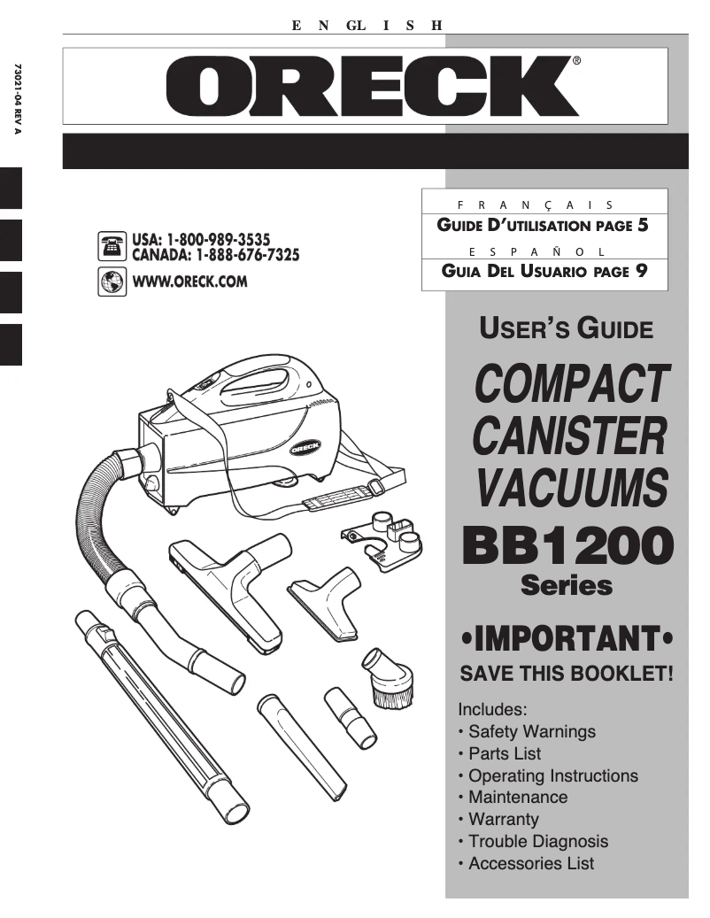 Page 1 de la notice Manuel utilisateur Oreck Elevate Conquer UK30300