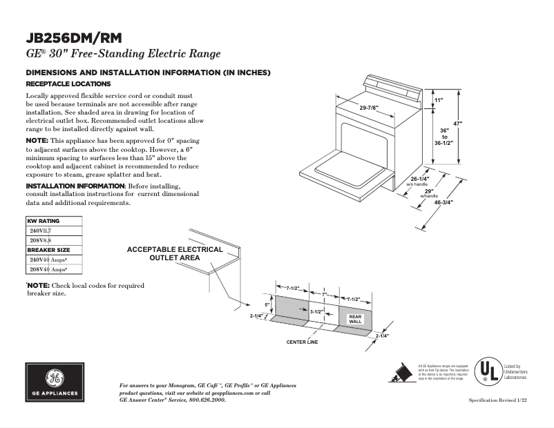 Página 1 del manual Ficha técnica GE JB256RTSS